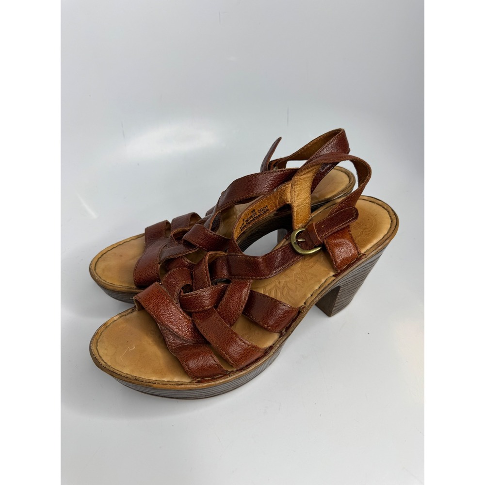 Born Strappy Platform Sandals Womens 8 Brown Good Leather Woven Block Heel